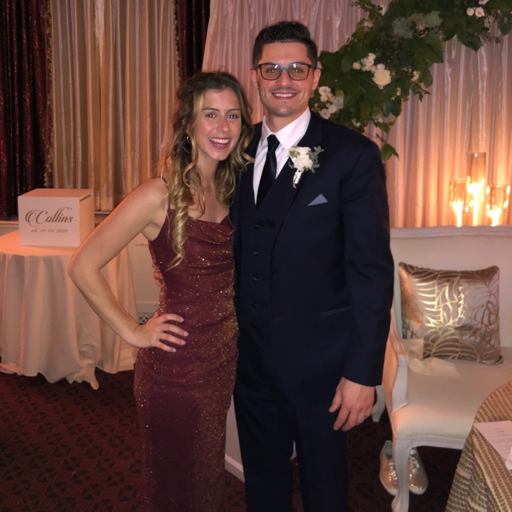 Red (gold sparkle) cowl neck dress